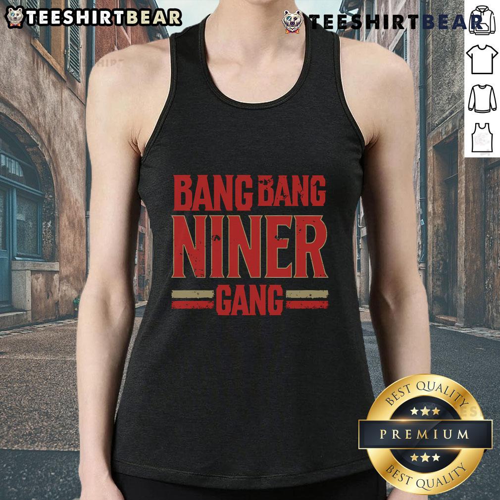 Top Distress Football Bang Bang Niner Gang Tank Top featuring a trendy design for sports fans. Perfect for game day!