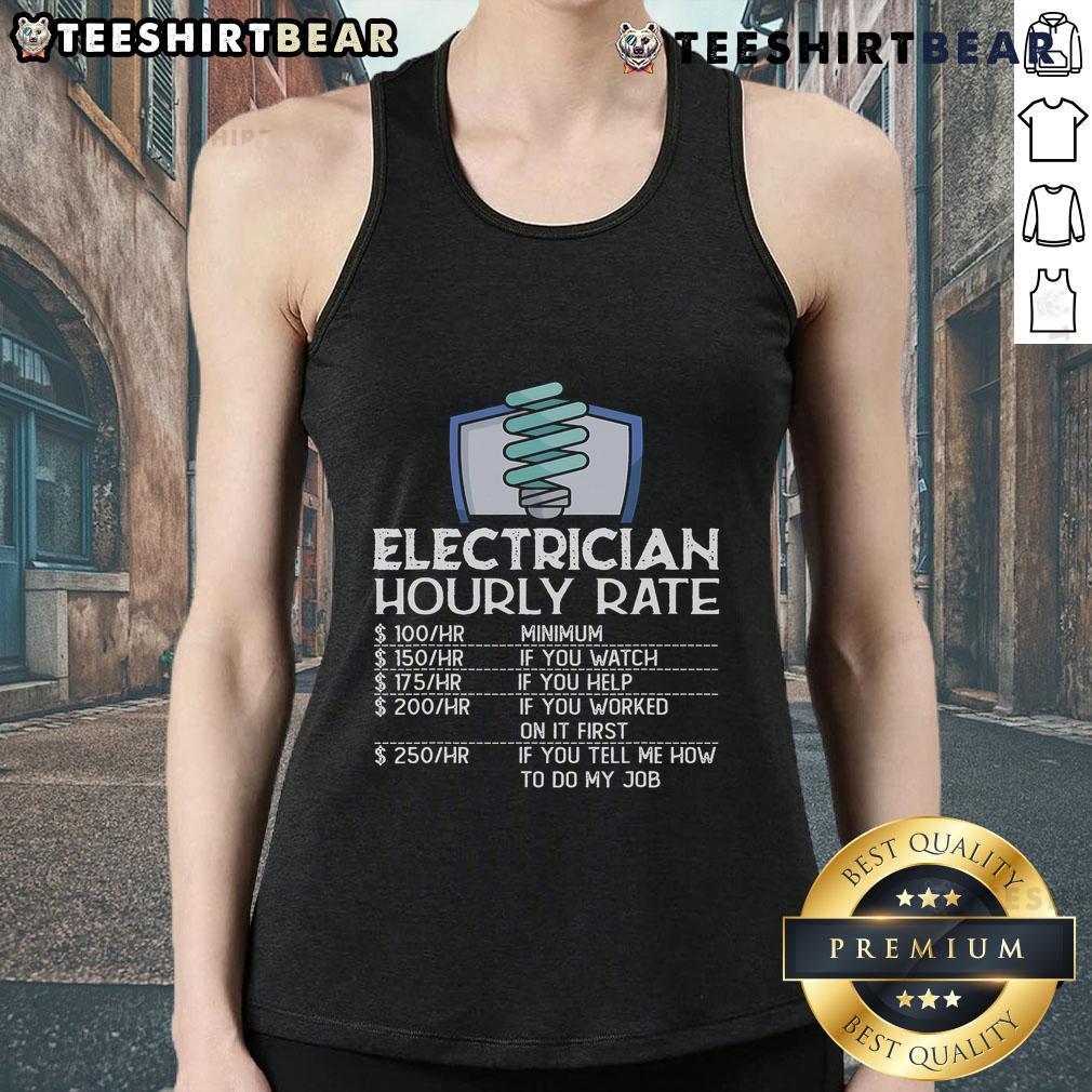Funny electrician in tank top showing hourly rates, showcasing humor in the electrical work industry.