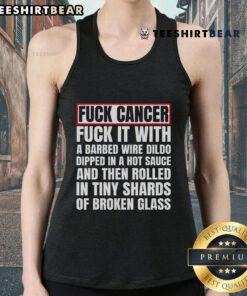 Top F*ck Cancer tank top featuring a barbed wire dildo dipped in hot sauce, bold design for cancer awareness.