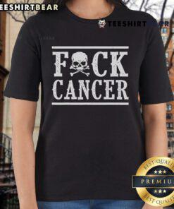 Top Fck Cancer skull and crossbones skeleton graphic on a ladies tee, promoting breast cancer awareness and support.