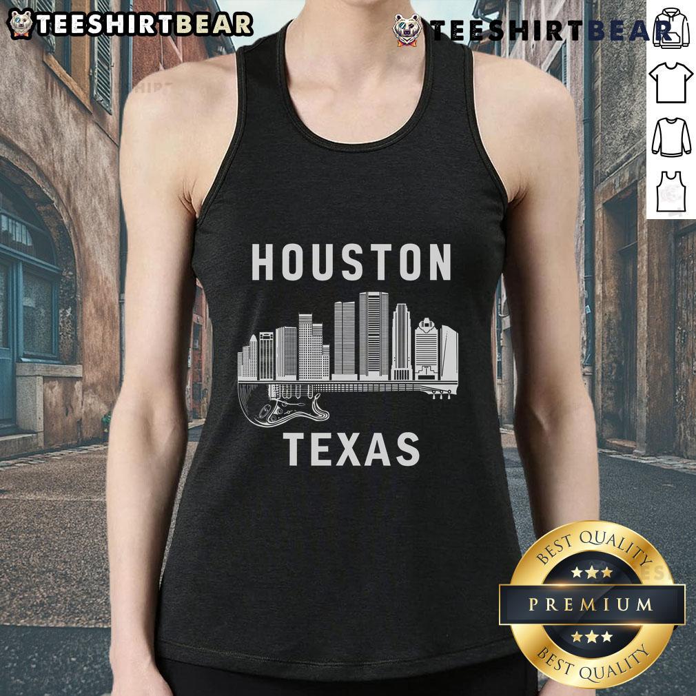 Stylish Houston tank top featuring the vibrant Houston city skyline and music theme, perfect Texas souvenir.