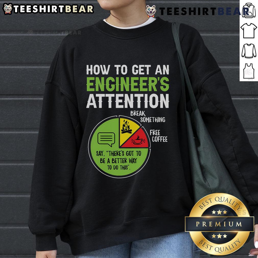 Cozy sweatshirt with 'How to Get an Engineer's Attention' slogan, perfect for engineering enthusiasts and gift ideas.