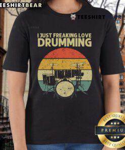 Retro sunset graphic on a ladies tee featuring 'I Just Freaking Love Drumming' for passionate drummers and music lovers.