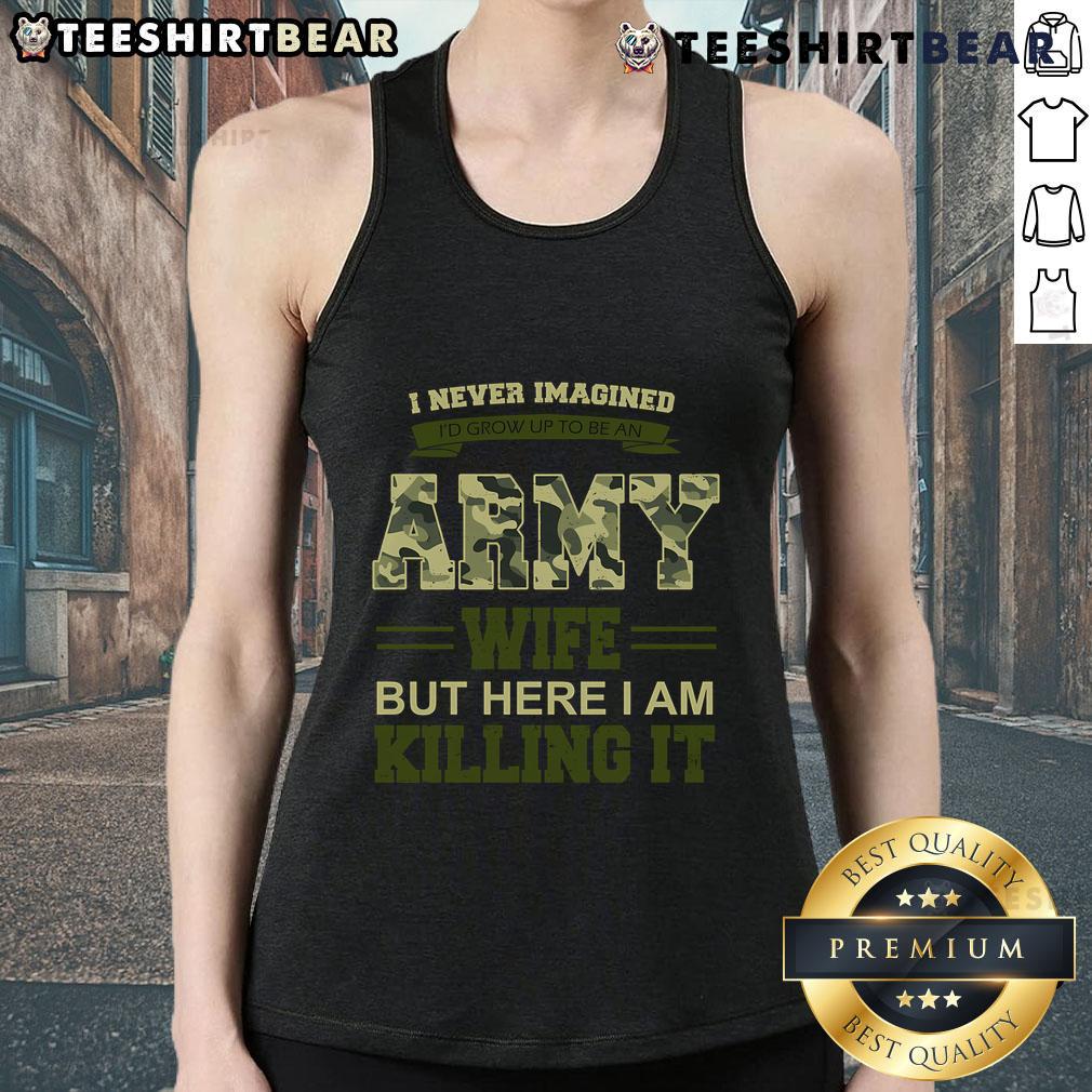 Army wife proudly wearing a 'Killing It' tank top, showcasing strength and support for military life.
