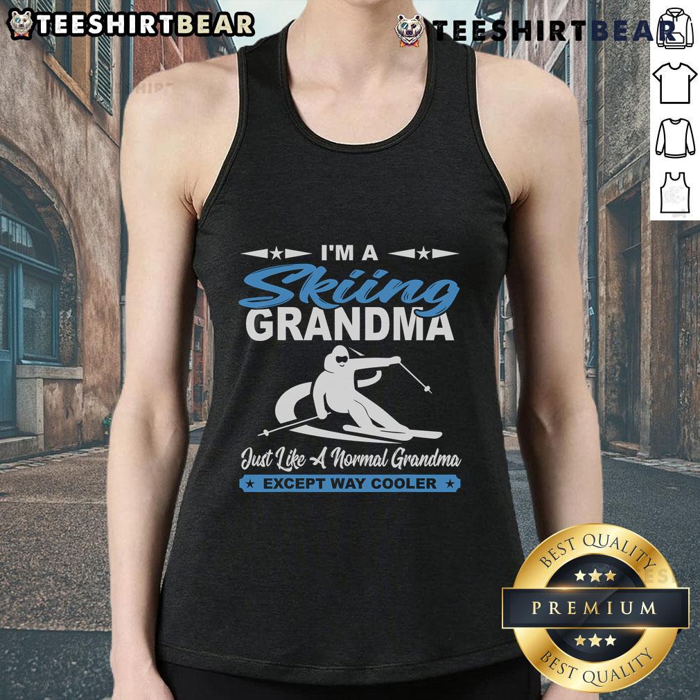 Skiing grandma in a tank top, showcasing fun winter style, just like a normal grandma but with a sporty twist.