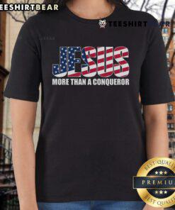 Ladies tee featuring 'Jesus More Than A Conqueror' design, perfect for faith-inspired fashion and everyday wear.