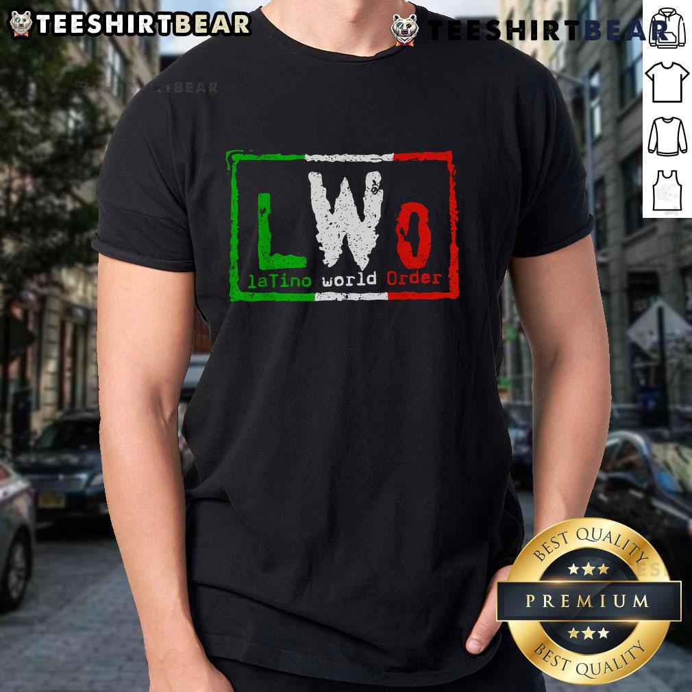 Top Latino World Order Italy T-Shirt featuring bold graphics and vibrant colors, perfect for fans of wrestling and Latino pride.