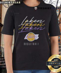 Alt Text: Stylish Los Angeles Lakers Hardwood Classics Triple Stack Ladies Tee featuring vibrant team colors and logo.