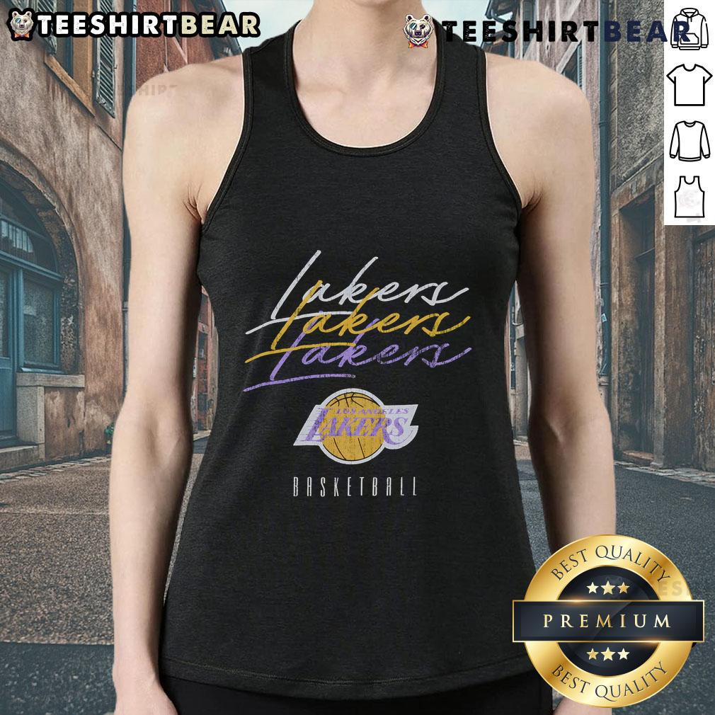 Alt Text: Top Los Angeles Lakers Hardwood Classics Triple Stack Tank Top featuring vintage design and team colors.