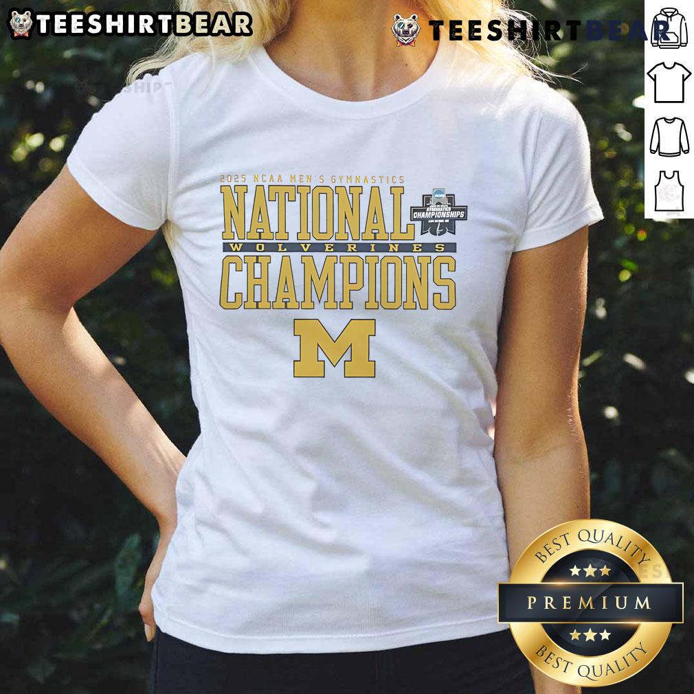 Top Michigan Wolverines 2025 NCAA Men's Gymnastics ladies tee featuring vibrant team colors and logo design.