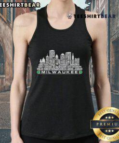 Top Milwaukee basketball team all-time legends graphic on a tank top with Milwaukee city skyline in the background.