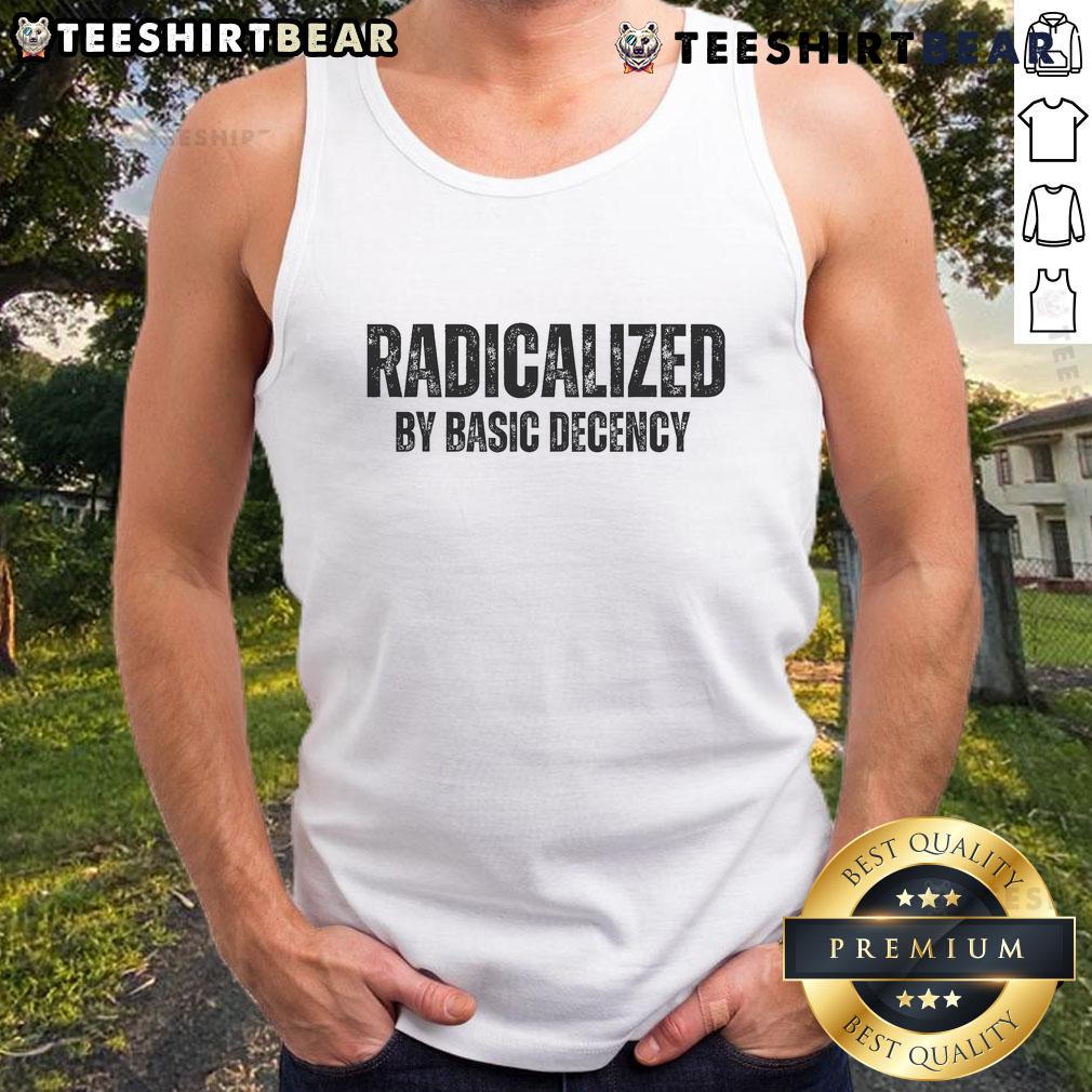 Stylish tank top featuring 'Top Minimalist Radicalized By Basic Decency' typography in a sleek, modern design.