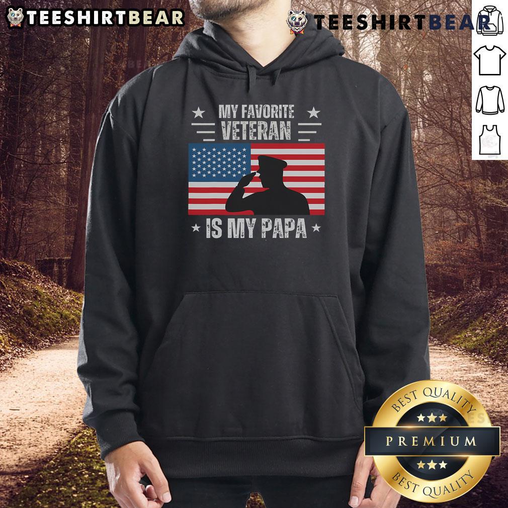 Cozy hoodie featuring 'My Favorite Veteran Is My Papa' design with American flag for Veterans Day celebration.
