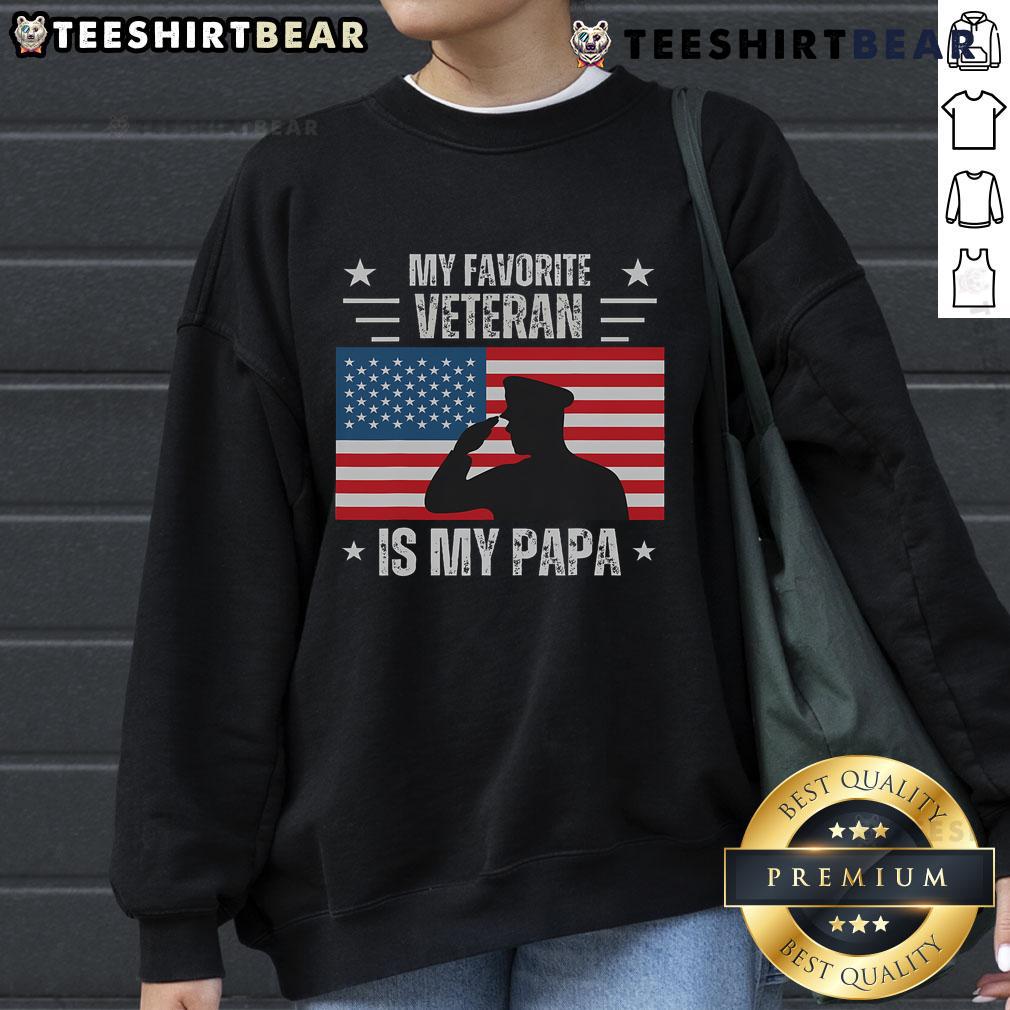 Cozy sweatshirt featuring 'My Favorite Veteran Is My Papa' design with American flag for Veterans Day celebration.