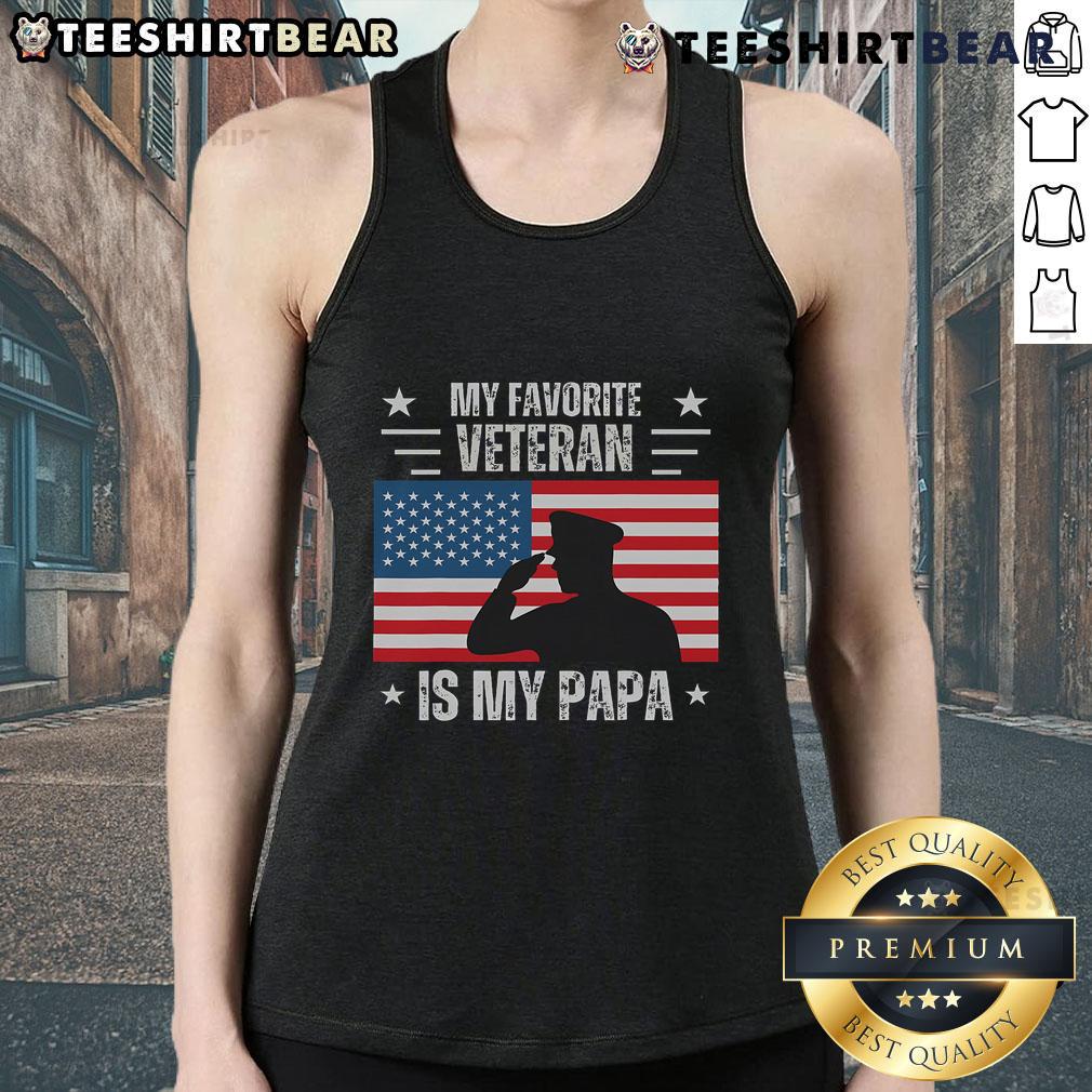 Top My Favorite Veteran Is My Papa Tank Top featuring American flag design for Veterans Day celebration.