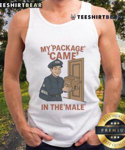 Top My Package Came In The Male Mail Tank Top featuring a humorous graphic design for casual wear.