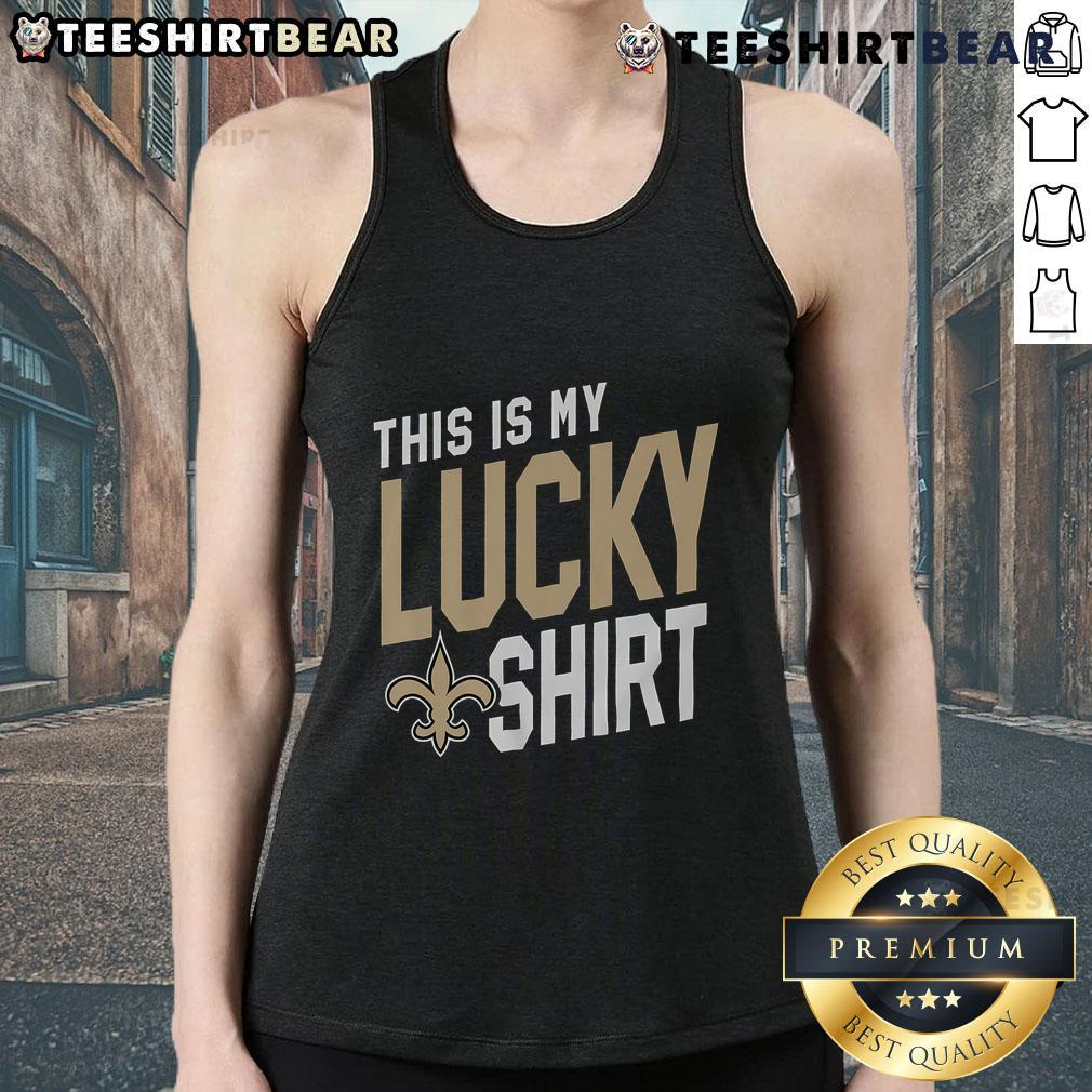 Alt Text: Stylish 'This Is My Lucky Tank Top' featuring New Orleans Saints logo, perfect for game day and fan apparel.