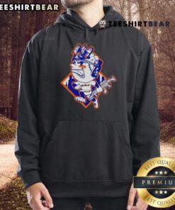 Alt Text: Top New York Mets Mr. Met mascot wearing a soldiers helmet hoodie, showcasing team spirit and unique fan apparel.