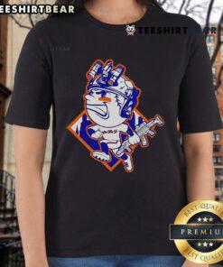 Alt Text: Top New York Mets Mr. Met mascot in a soldier's helmet on a stylish ladies tee, perfect for fans.