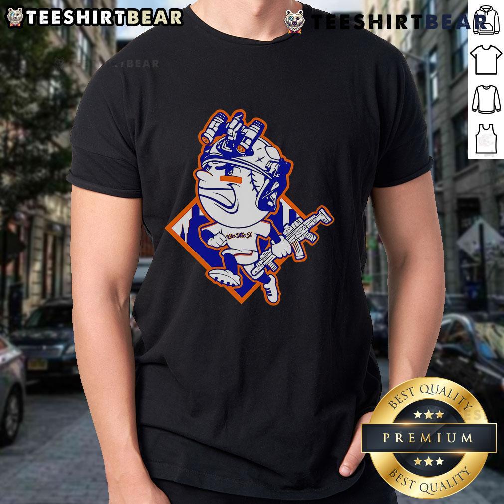 Top New York Mets Mr. Met mascot soldier's helmet t-shirt featuring vibrant graphics and team colors.