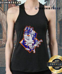 Top New York Mets Mr. Met mascot wearing a soldier's helmet on a stylish tank top, perfect for baseball fans.
