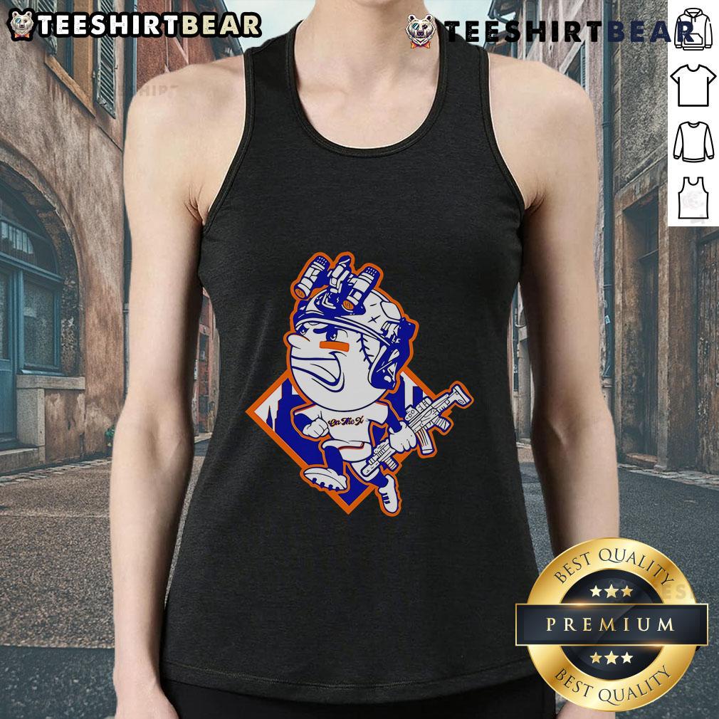 Top New York Mets Mr. Met mascot wearing a soldier's helmet on a stylish tank top, perfect for baseball fans.