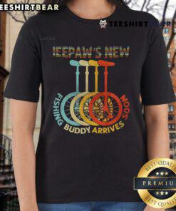 Alt Text: Top Peepaws New Fishing Buddy Unicycle Ladies Tee featuring a fun design for fishing enthusiasts and unicycle lovers.