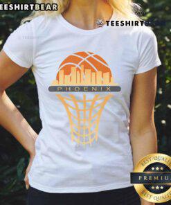 Purple sunset over Phoenix, Arizona, featured on a stylish ladies tee, perfect for sunset lovers and fashion enthusiasts.