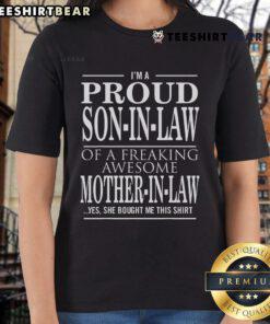 Top Proud Son-in-Law of a Freaking Awesome Mother-in-Law Ladies Tee, featuring a stylish design perfect for family occasions.