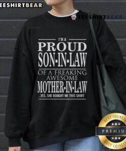 Top Proud Son-in-Law of a Freaking Awesome Mother-in-Law sweatshirt in gray with bold text design.
