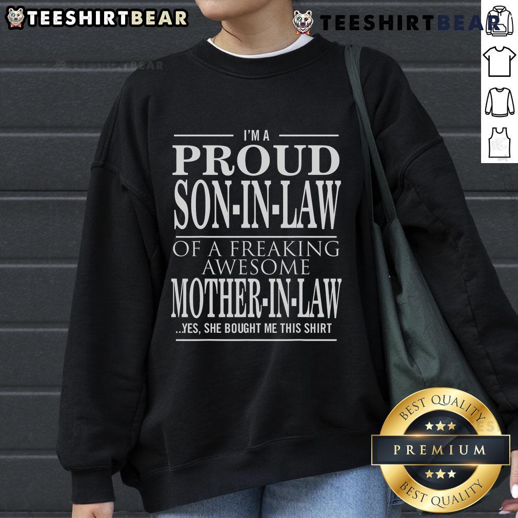Top Proud Son-in-Law of a Freaking Awesome Mother-in-Law sweatshirt in gray with bold text design.