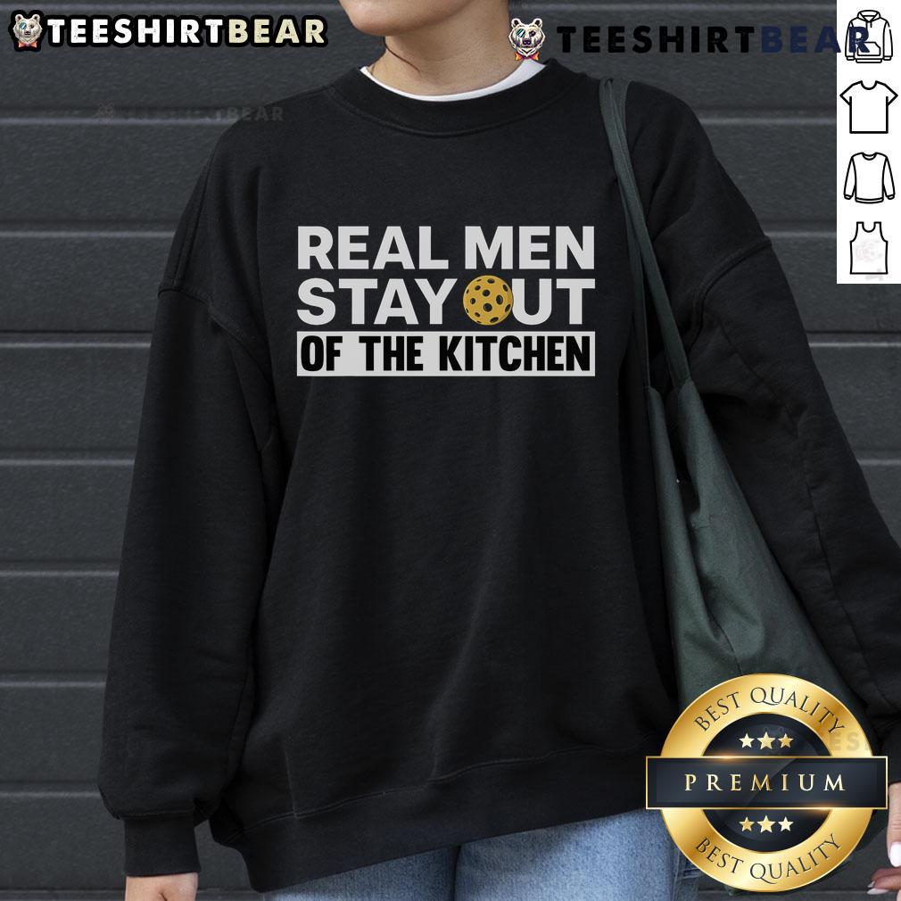 Top Real Men Stay Out of the Kitchen Pickleball Sports Sweatshirt in navy, featuring a fun pickleball graphic and casual fit.