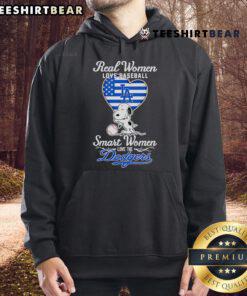 Smart women love the Dodgers: Snoopy hugging a heart on a cozy hoodie celebrating real women who love baseball.