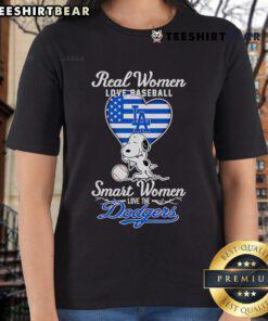 Top real women love baseball; smart women love the Dodgers. Snoopy hugs heart on this stylish ladies' tee.