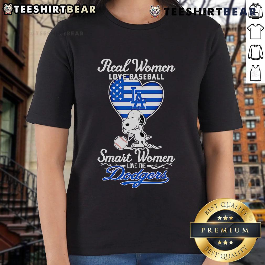 Top real women love baseball; smart women love the Dodgers. Snoopy hugs heart on this stylish ladies' tee.