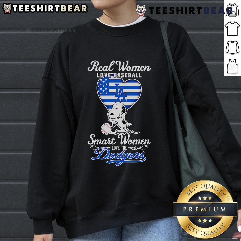 Top real women love baseball: Smart women love the Dodgers sweatshirt featuring Snoopy hugging a heart.