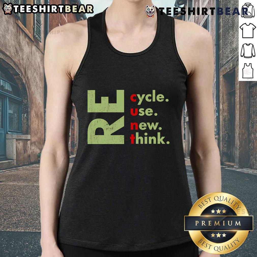 Top featuring 'Recycle, Reuse, Renew, Rethink' slogan, promoting environmental activism and sustainability in fashion.