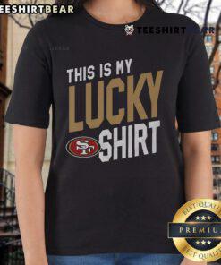 Alt Text: Top San Francisco 49ers This Is My Lucky Ladies Tee in red, perfect for female fans showcasing team spirit.