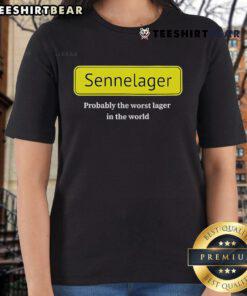 Top Sennelager: Probably the Worst Lager in the World ladies tee featuring a humorous design and bold text.