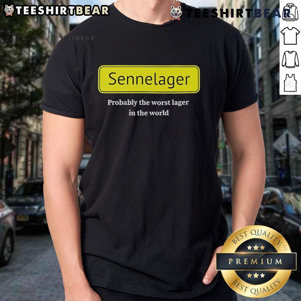 Alt Text: Top Sennelager Probably The Worst Lager In The World T-Shirt featuring bold graphics and humorous design.
