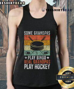 Funny tank top design: 'Real Grandpas Play Hockey' with graphic, perfect for grandpas who love hockey and humor.