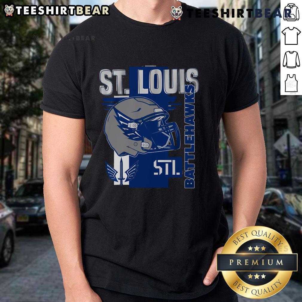 Alt Text: Top St Louis Battlehawks Helmet Frame T-Shirt showcasing team pride with a stylish design for fans.