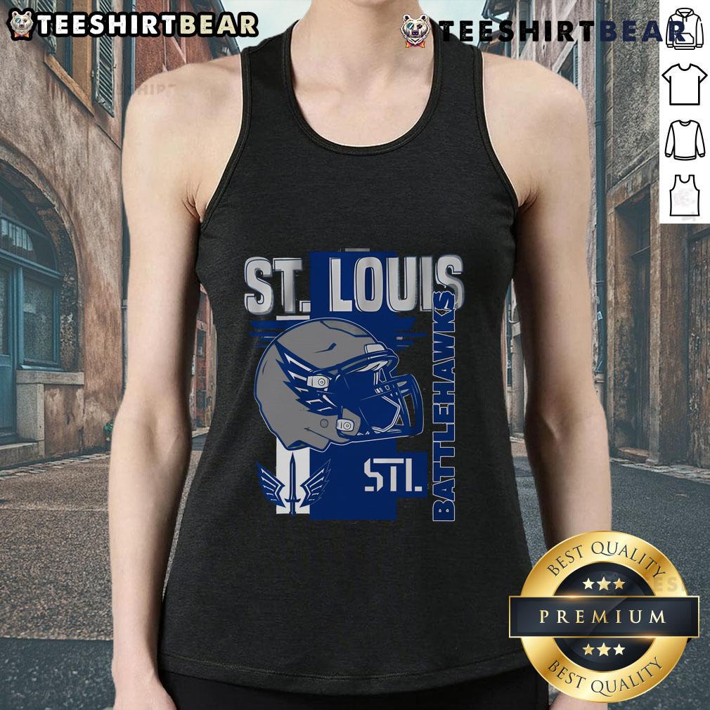 Alt Text: Stylish tank top featuring the Top St. Louis Battlehawks helmet frame design, perfect for fans and sports enthusiasts.