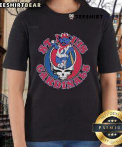 Top St. Louis Cardinals x Grateful Dead Bear Skull ladies tee featuring colorful graphics and stylish design.
