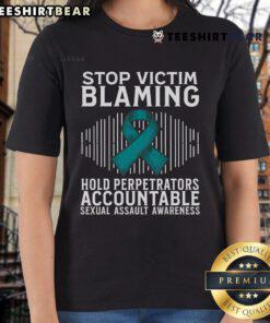 Teal ribbon ladies tee promoting sexual assault awareness and support to stop victim blaming. Stylish and meaningful shirt.