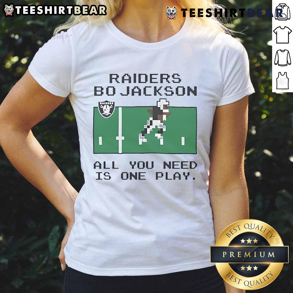 Top Tecmo Bowl Raiders Bo Jackson tee for women featuring 'All You Need Is One Play' design, perfect for gamers.