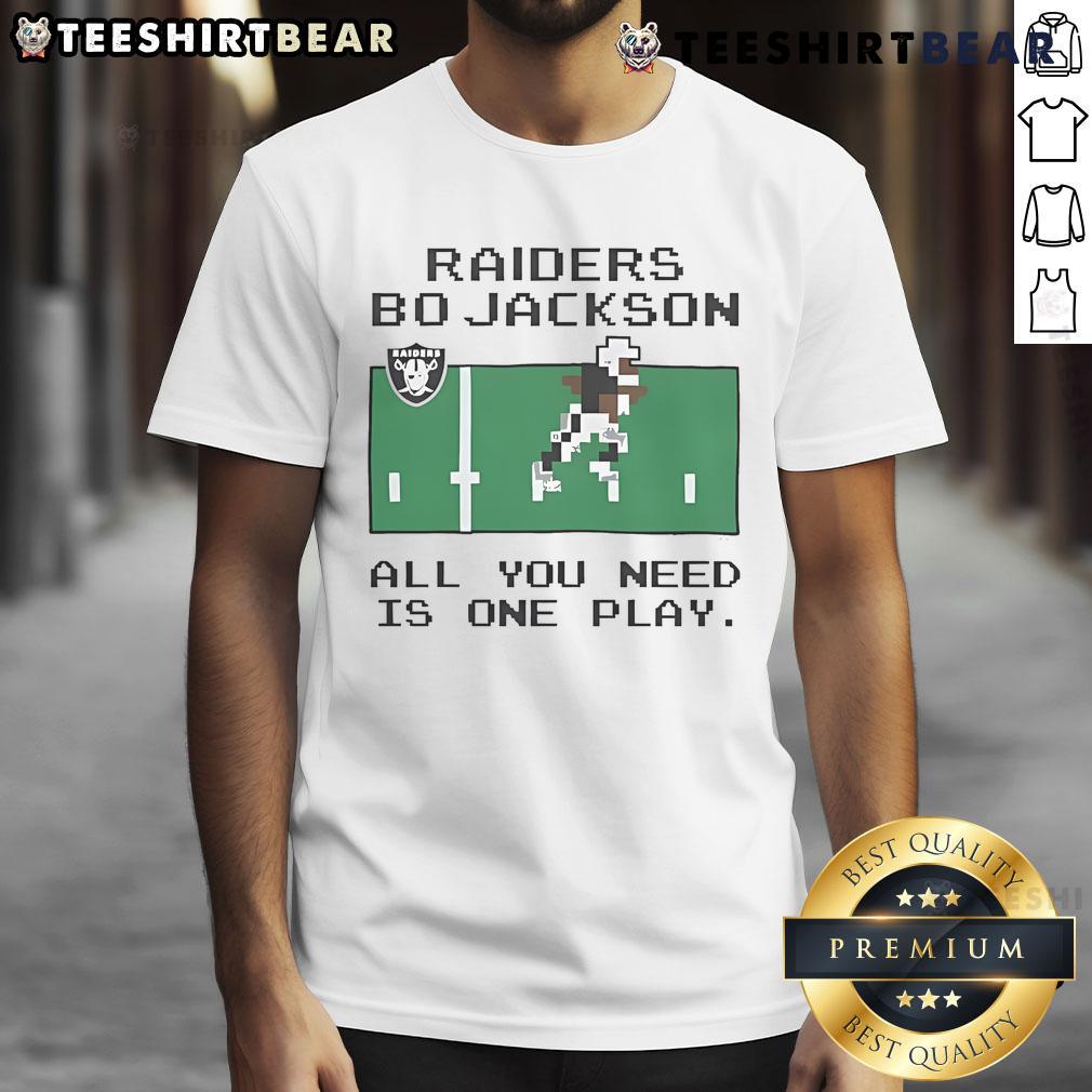 Top Tecmo Bowl Raiders Bo Jackson t-shirt featuring 'All You Need Is One Play' design for retro gaming fans.