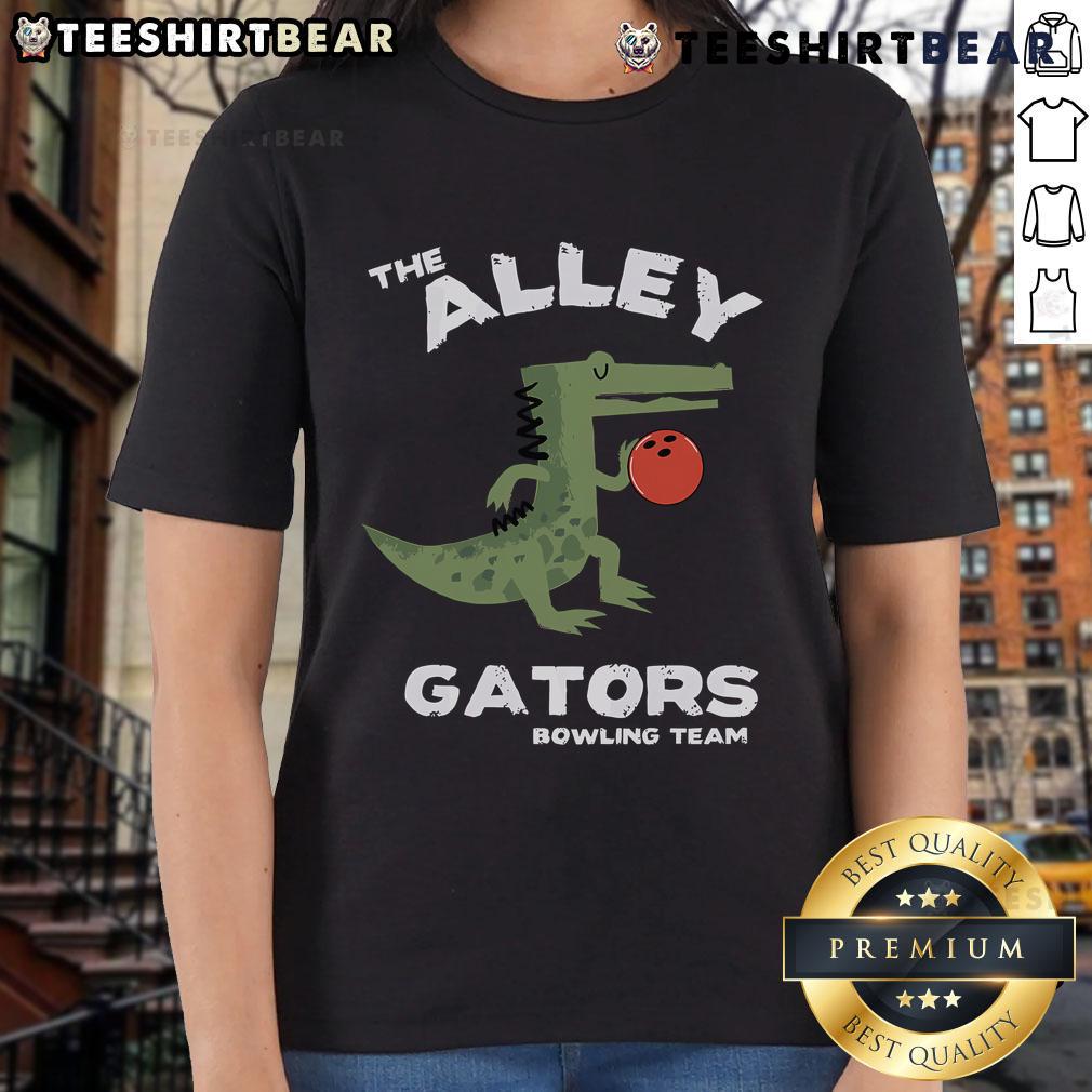 Alt Text: Top The Alley Gators Bowling Team Ladies Tee featuring vibrant colors and sporty design for bowling enthusiasts.