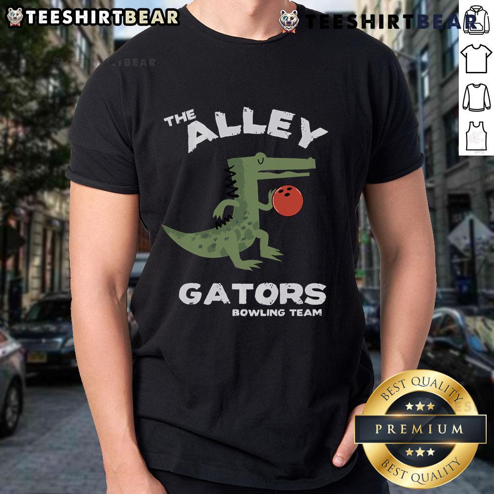 Alt Text: Top The Alley Gators Bowling Team T-Shirt featuring vibrant colors and a fun bowling graphic design.