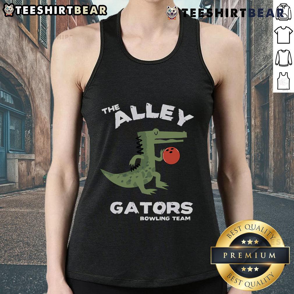 Top The Alley Gators Bowling Team tank top featuring vibrant colors and a fun graphic design for bowling enthusiasts.